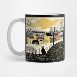 Vintage Cityscape Illustration: Urban Street with Houses, Lamps, Patterned Roads, Clouds, and a Stylish Black Cat in the Middle - Design Art Mug